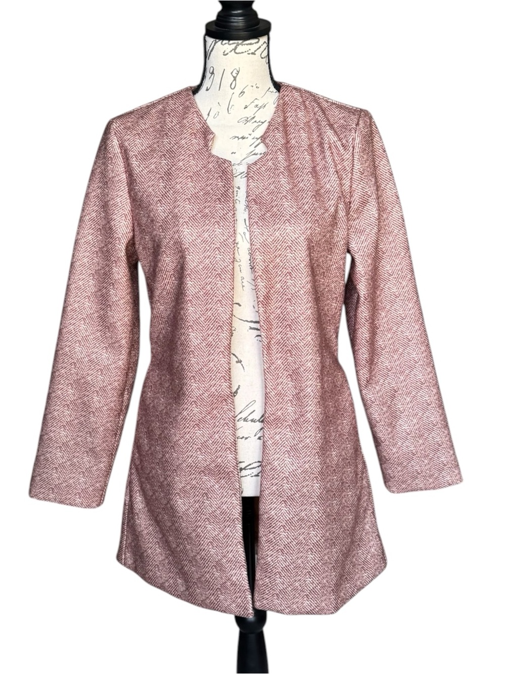 Open Front Herringbone Long Cardigan Blazer Jacket